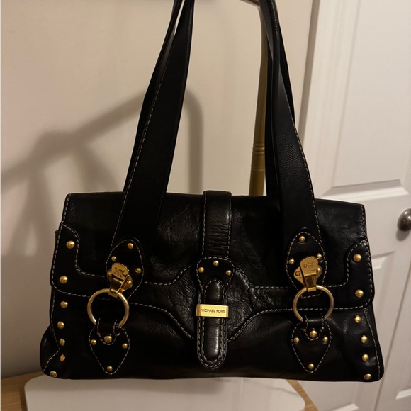 Vintage Michael Kors Black Leather Shoulder Bag with Gold Accents